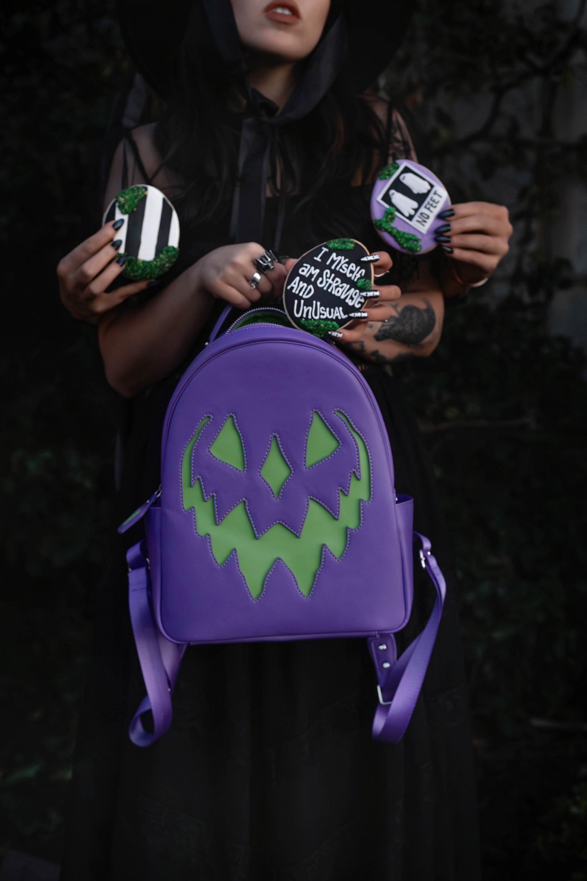 Lively Ghosts Pumpkin Beetle Juice Jack O Lantern Purple Green Backpack Beetle Juice Haunted Hallows Backpack | Lively Ghosts main image 2