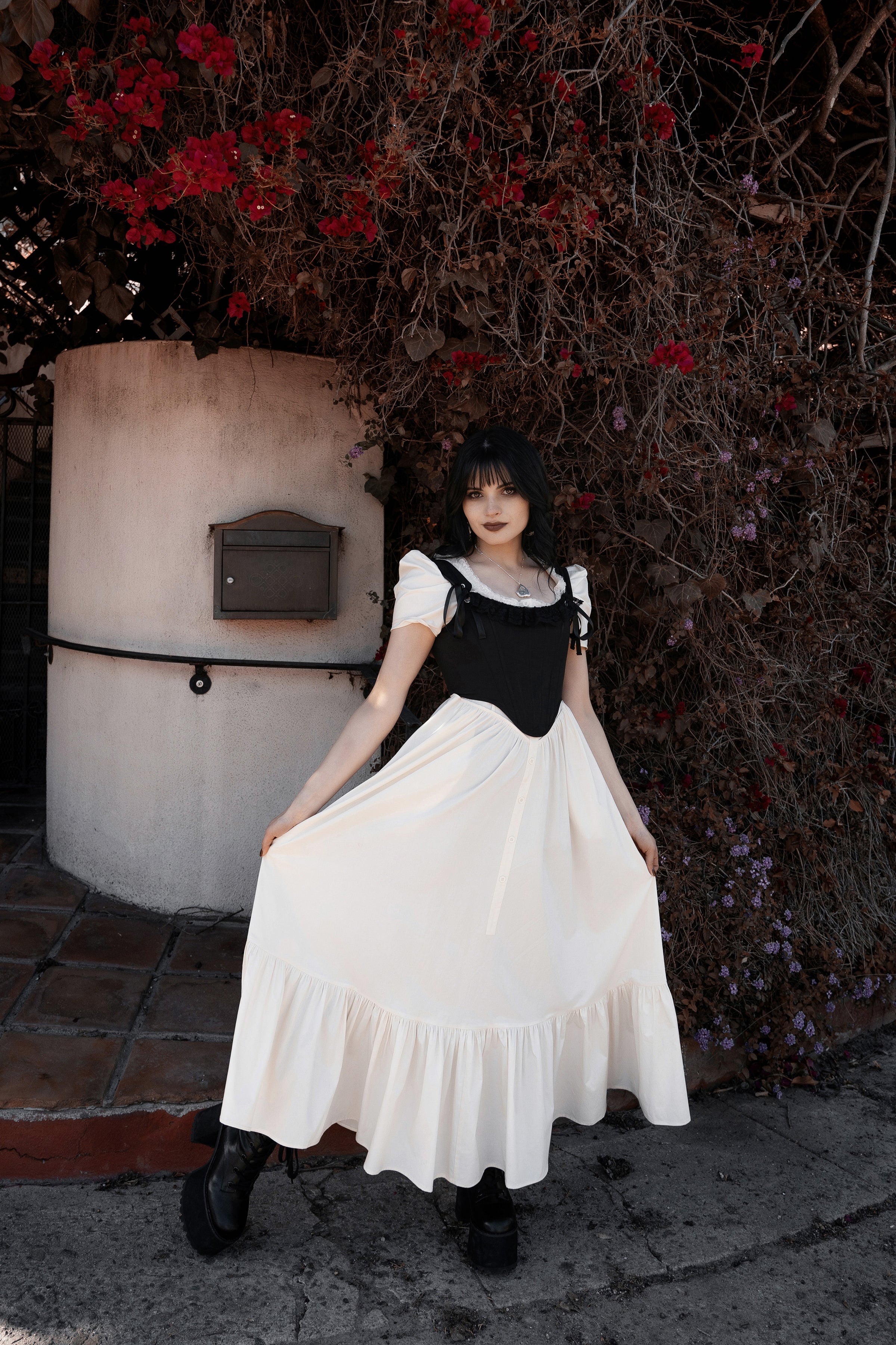 white christmas dresses Cream Ghost Print Victorian Style Dress main image 0